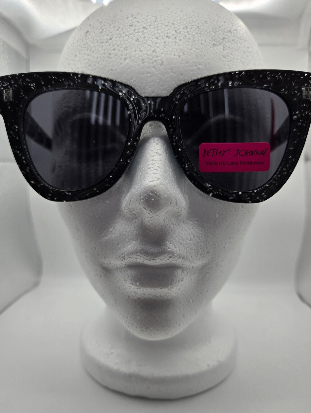 Betsey Johnson Black Glitter Fleck Large Cat-Eye Sunglasses Houndstooth Skulls
